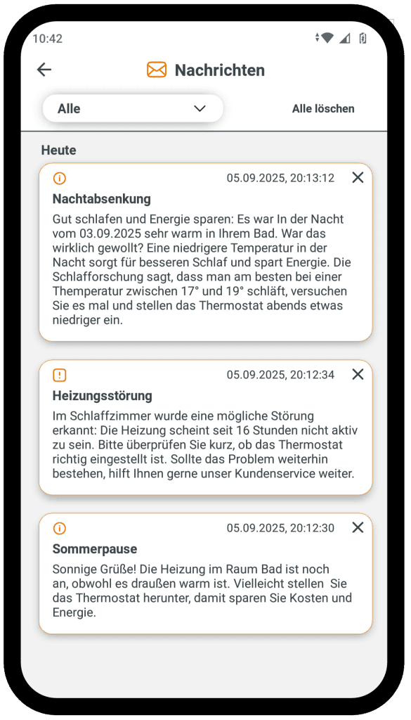 Nudging Nachrichten in SECAI geben den Mietparteien Tipps zum Heizen.